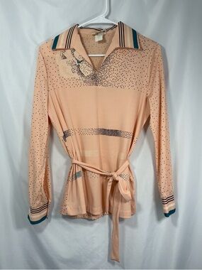 Vintage Trissi Peach Polka Dot Long-Sleeve Tie-Waist Top Size Small